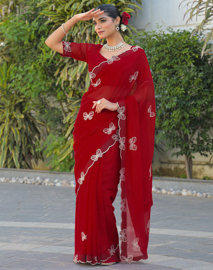 Red Georgette Stone Work Swarovski saree