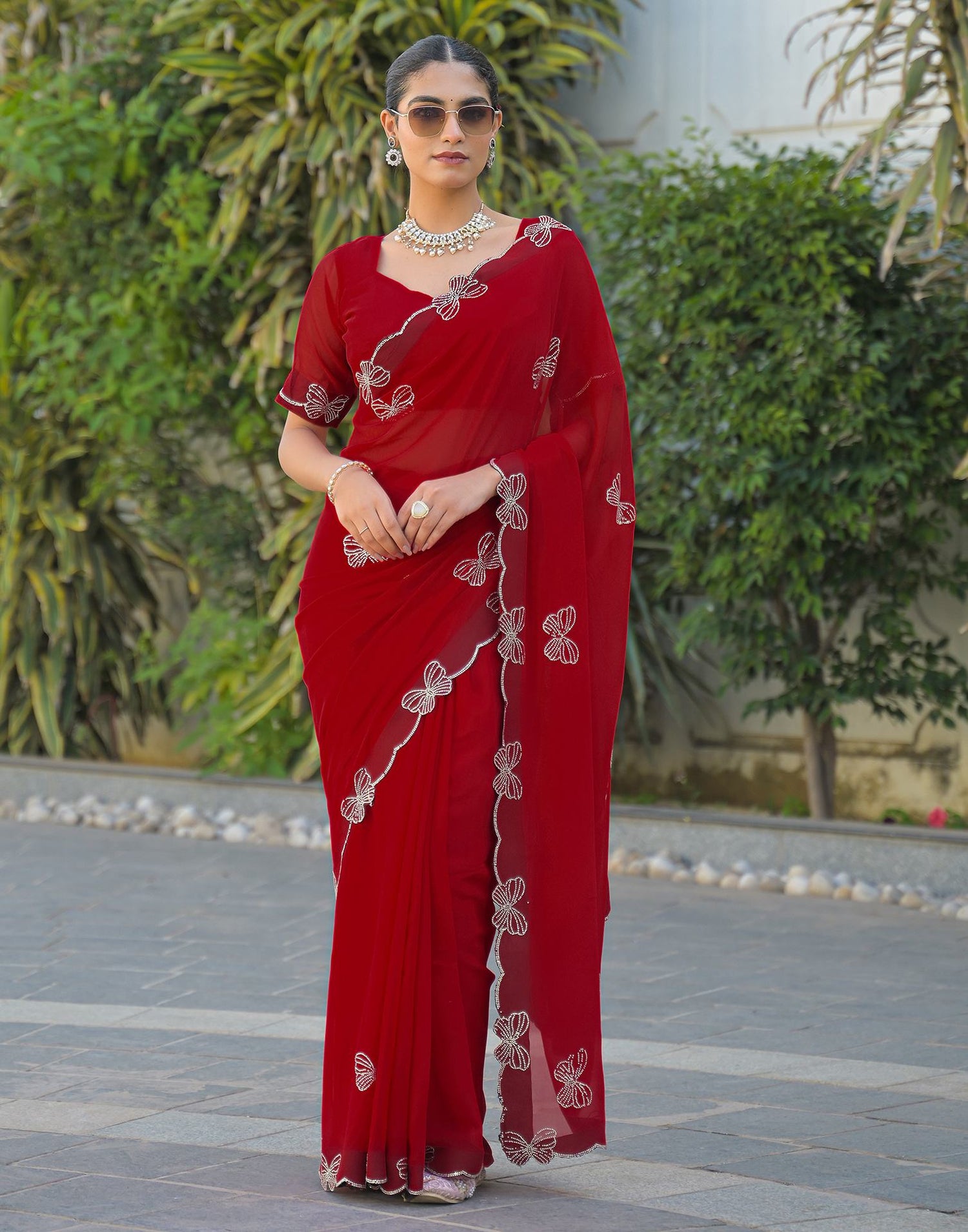 Red Georgette Stone Work Swarovski saree