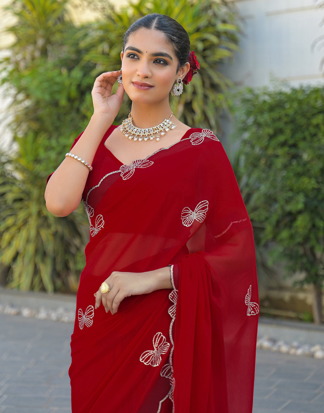 Red Georgette Stone Work Swarovski saree