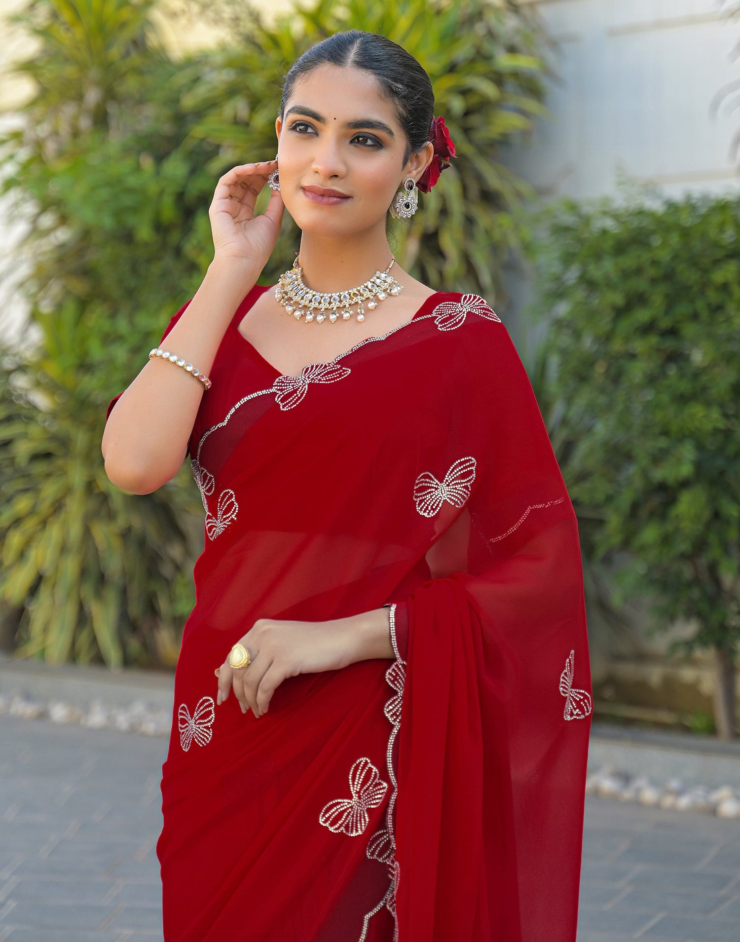 Red Georgette Stone Work Swarovski saree