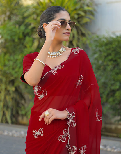 Red Georgette Stone Work Swarovski saree
