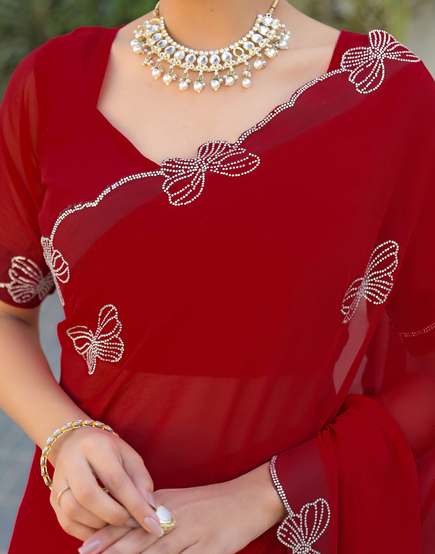 Red Georgette Stone Work Swarovski saree