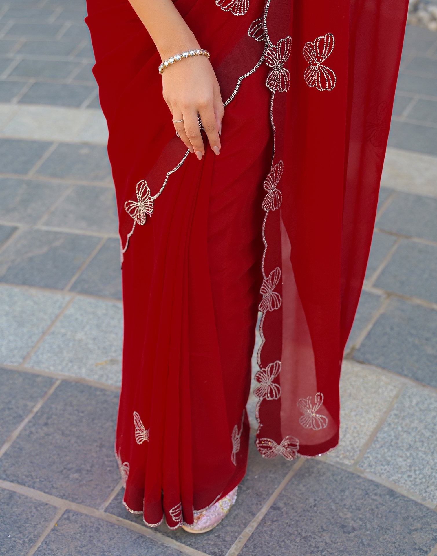 Red Georgette Stone Work Swarovski saree