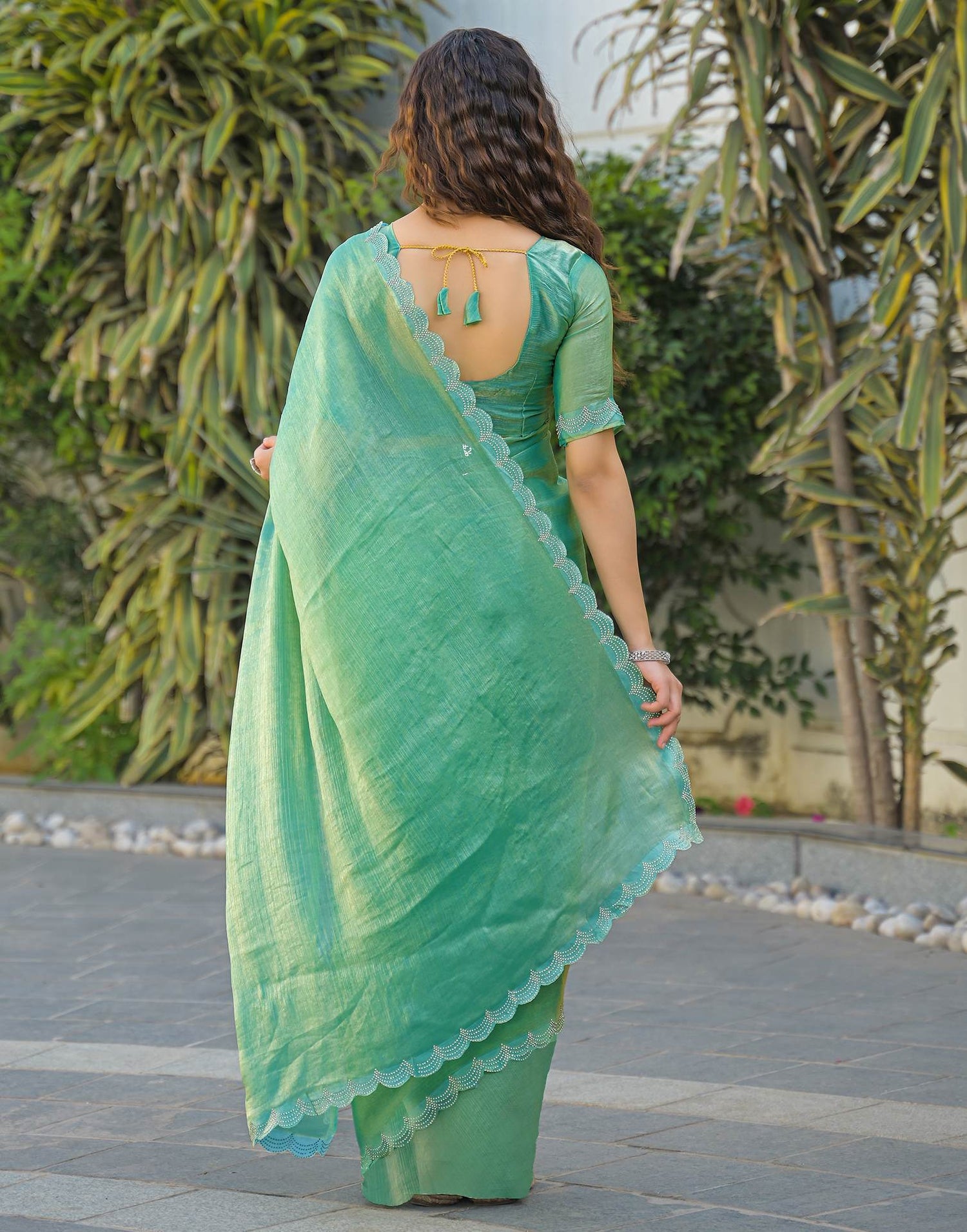 Mint Green Shimmer Chiffon Stone Work Swarovski saree