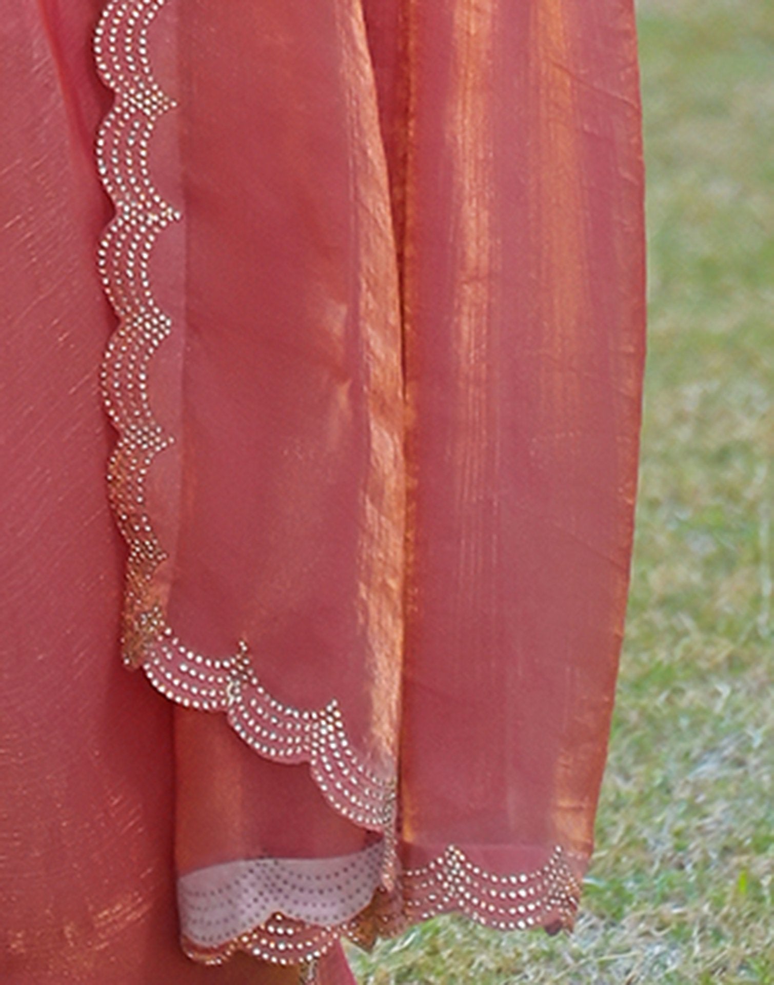 Peach Shimmer Chiffon Stone Work Swarovski saree