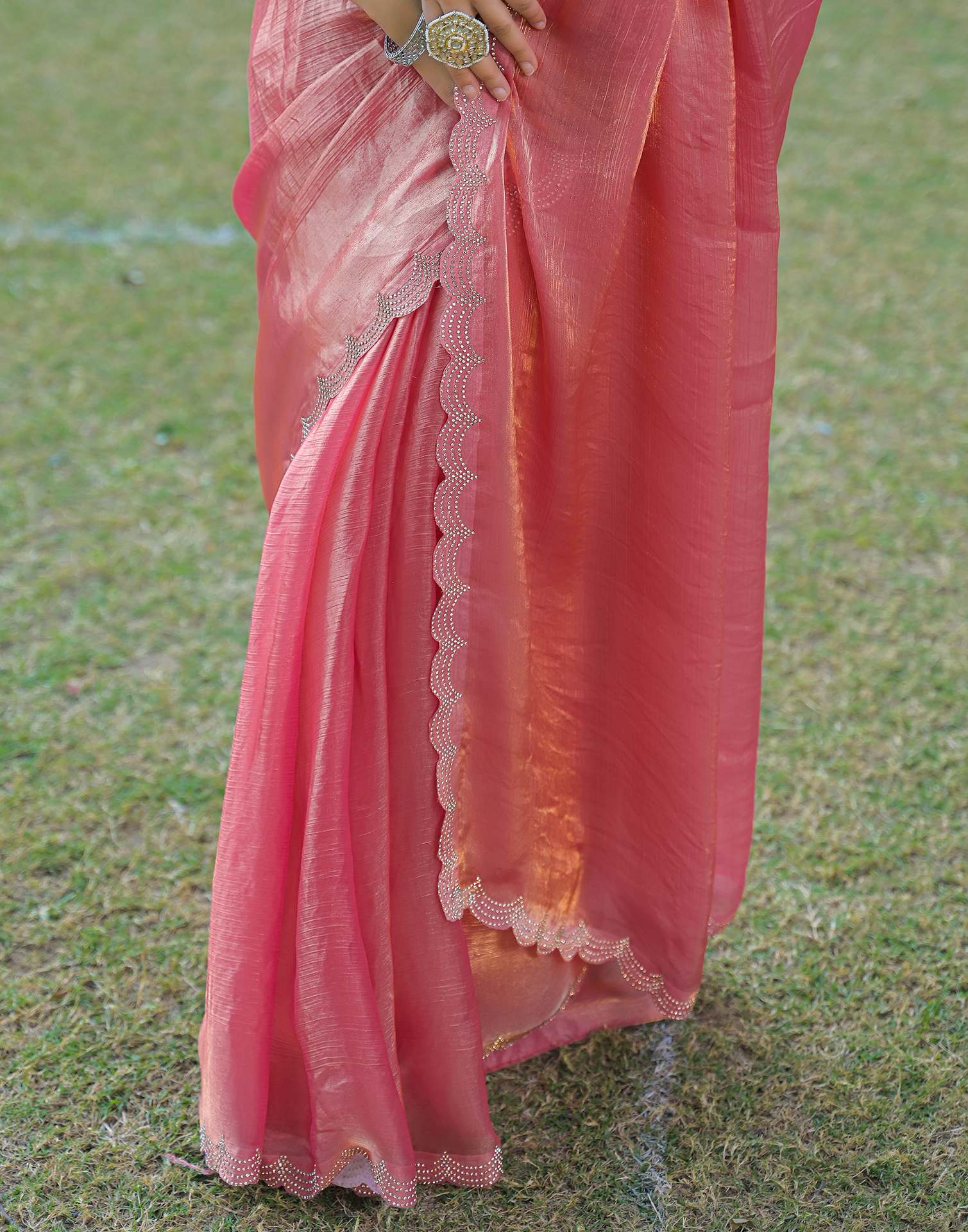 Peach Shimmer Chiffon Stone Work Swarovski saree