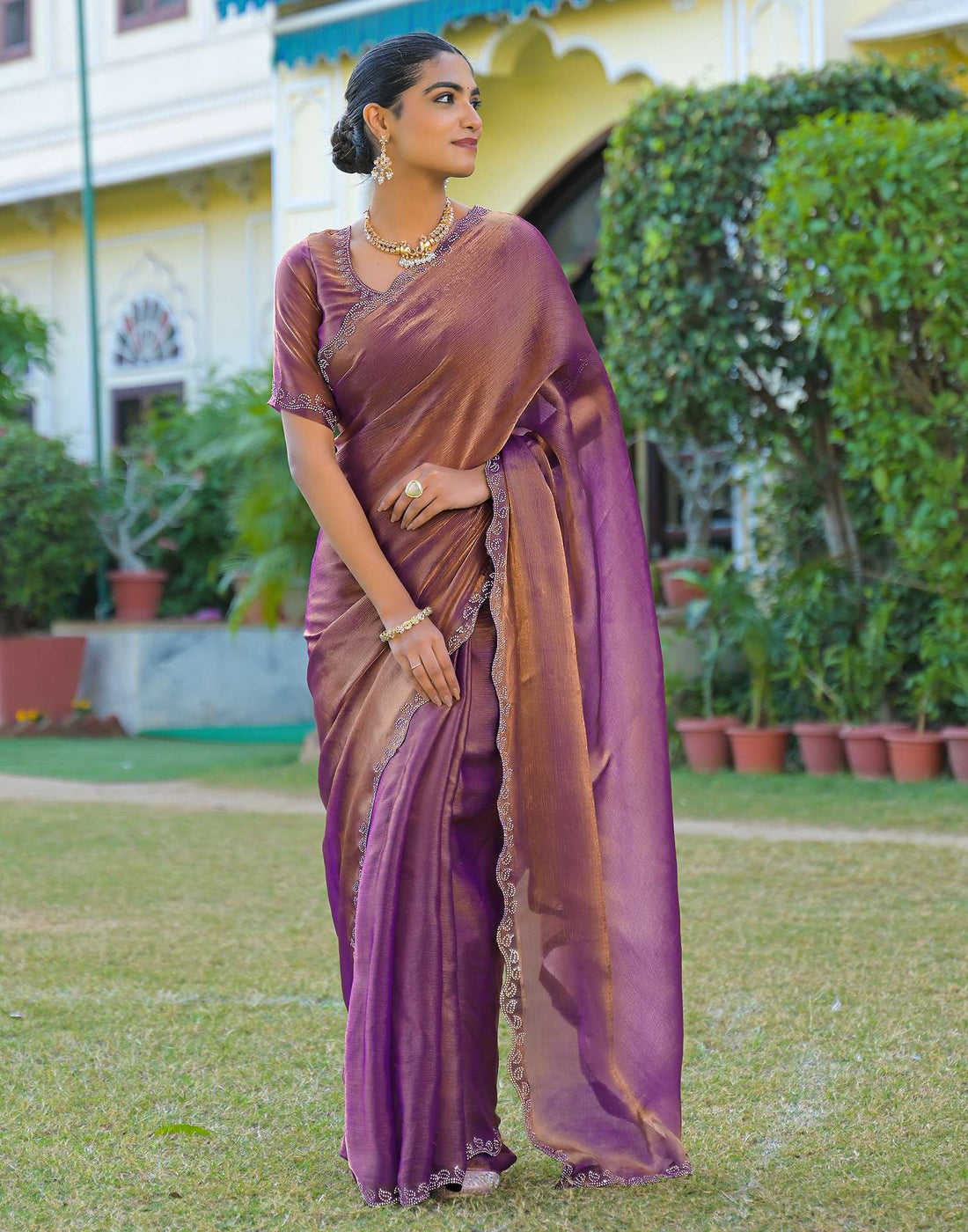 Purple Shimmer Chiffon Stone Work Swarovski saree