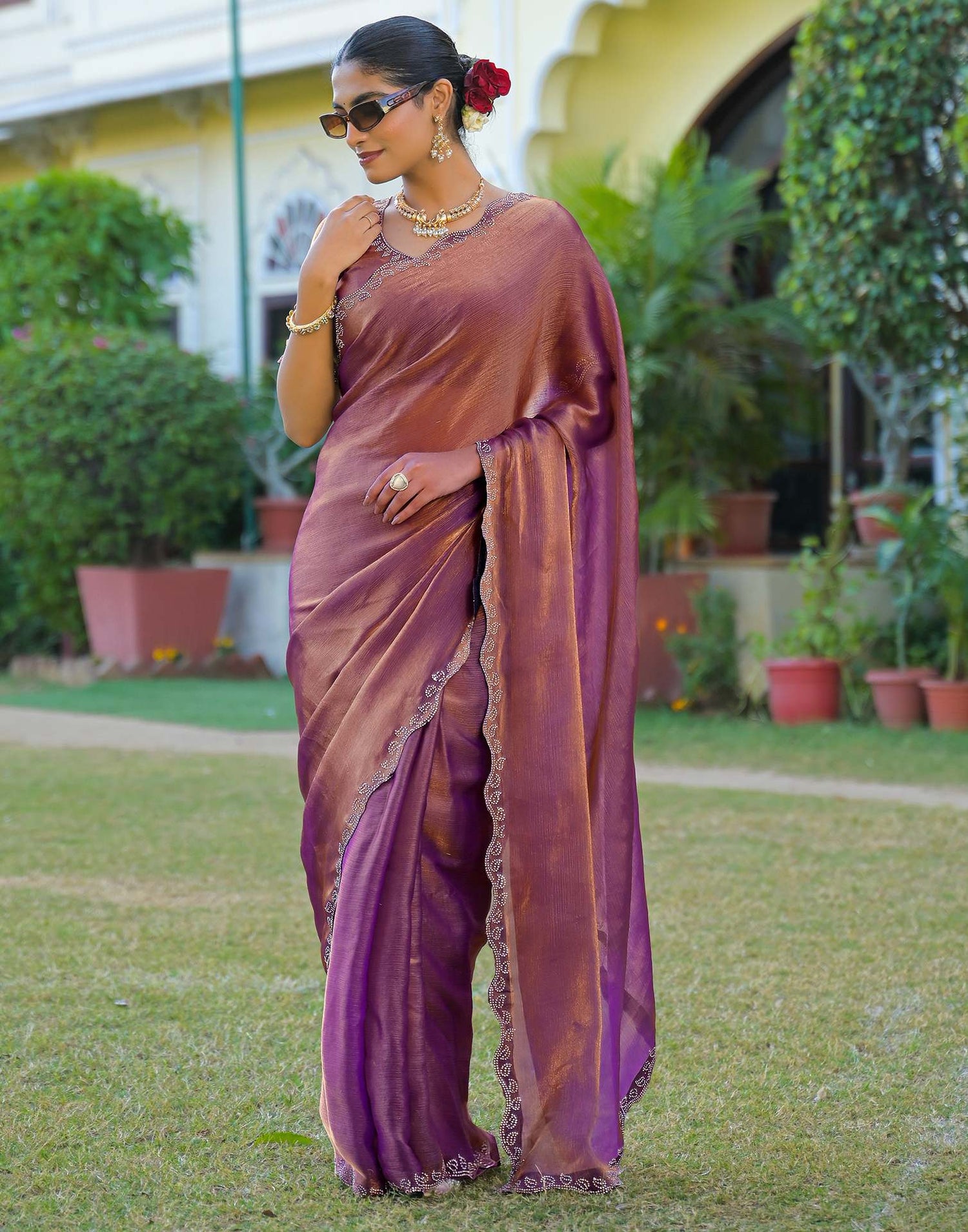 Purple Shimmer Chiffon Stone Work Swarovski saree