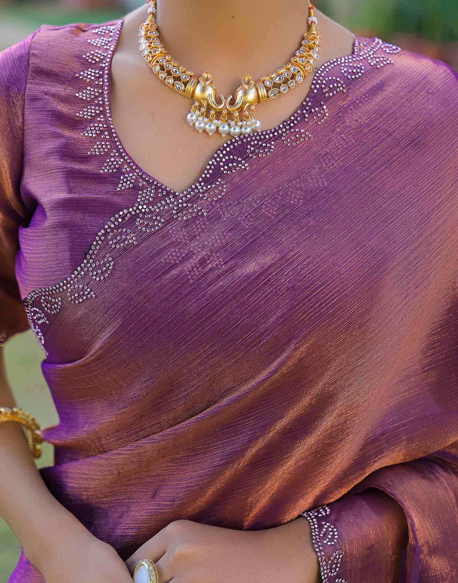 Purple Shimmer Chiffon Stone Work Swarovski saree