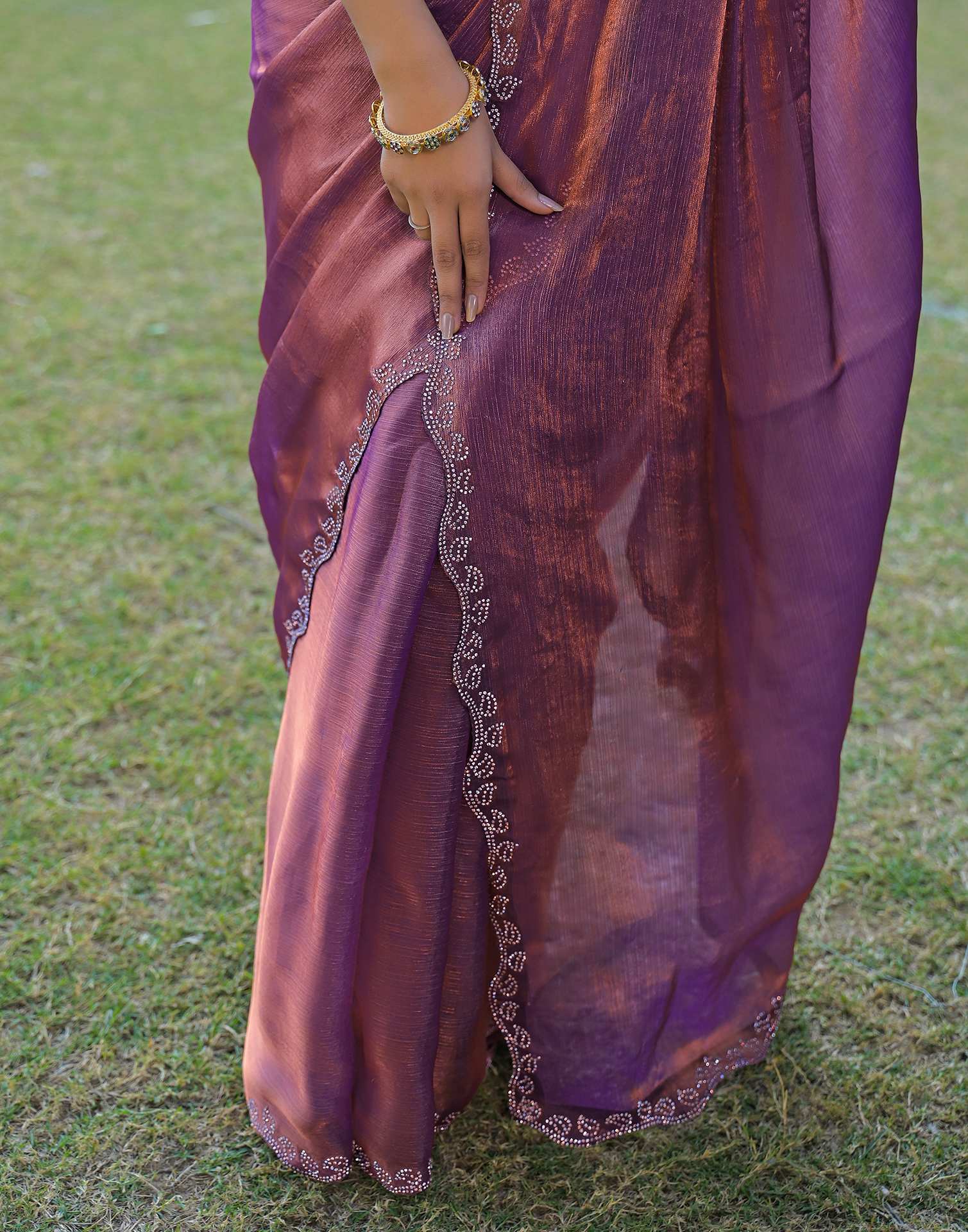 Purple Shimmer Chiffon Stone Work Swarovski saree
