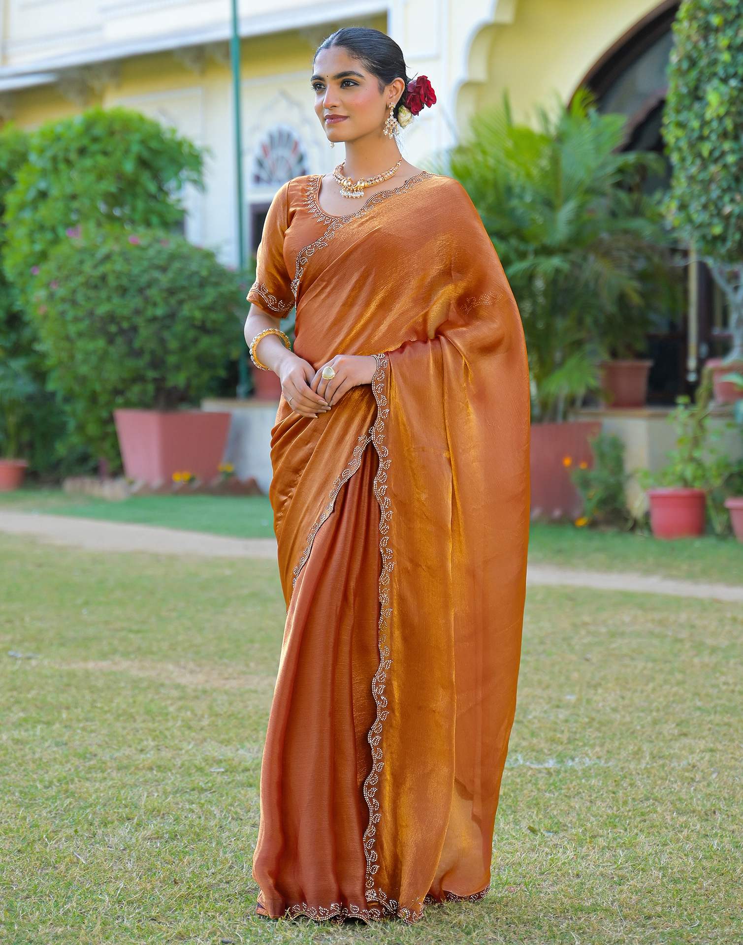 Brown Shimmer Chiffon Stone Work Swarovski saree
