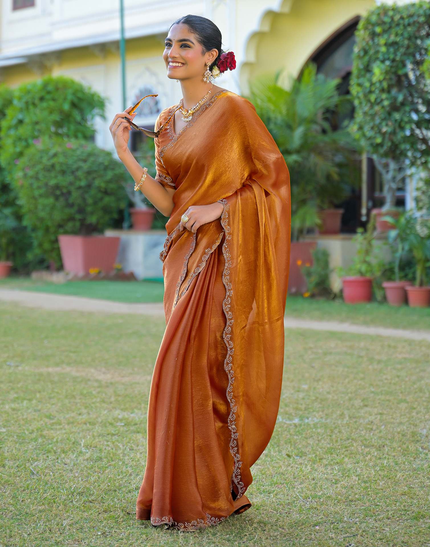 Brown Shimmer Chiffon Stone Work Swarovski saree