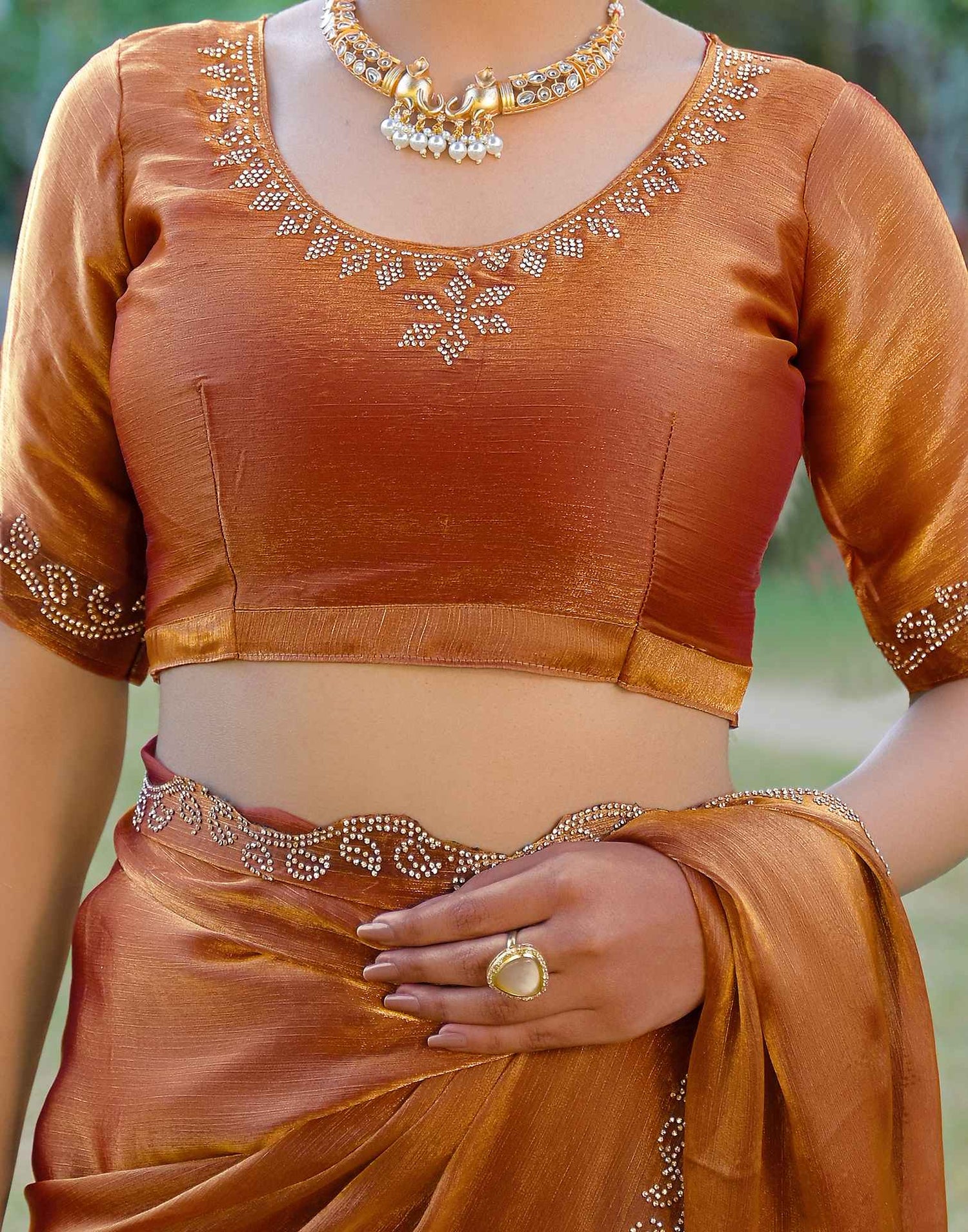 Brown Shimmer Chiffon Stone Work Swarovski saree