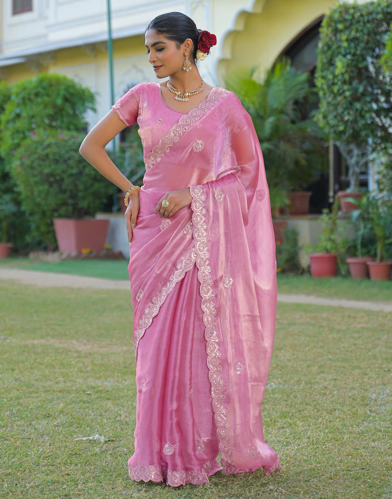 Light Pink Shimmer Chiffon Sequence Embroidery saree