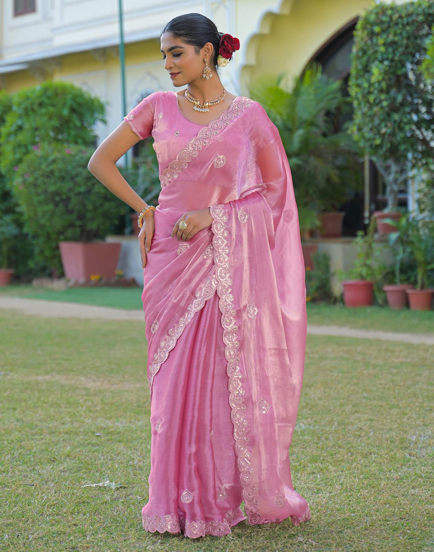 Light Pink Shimmer Chiffon Sequence Embroidery saree
