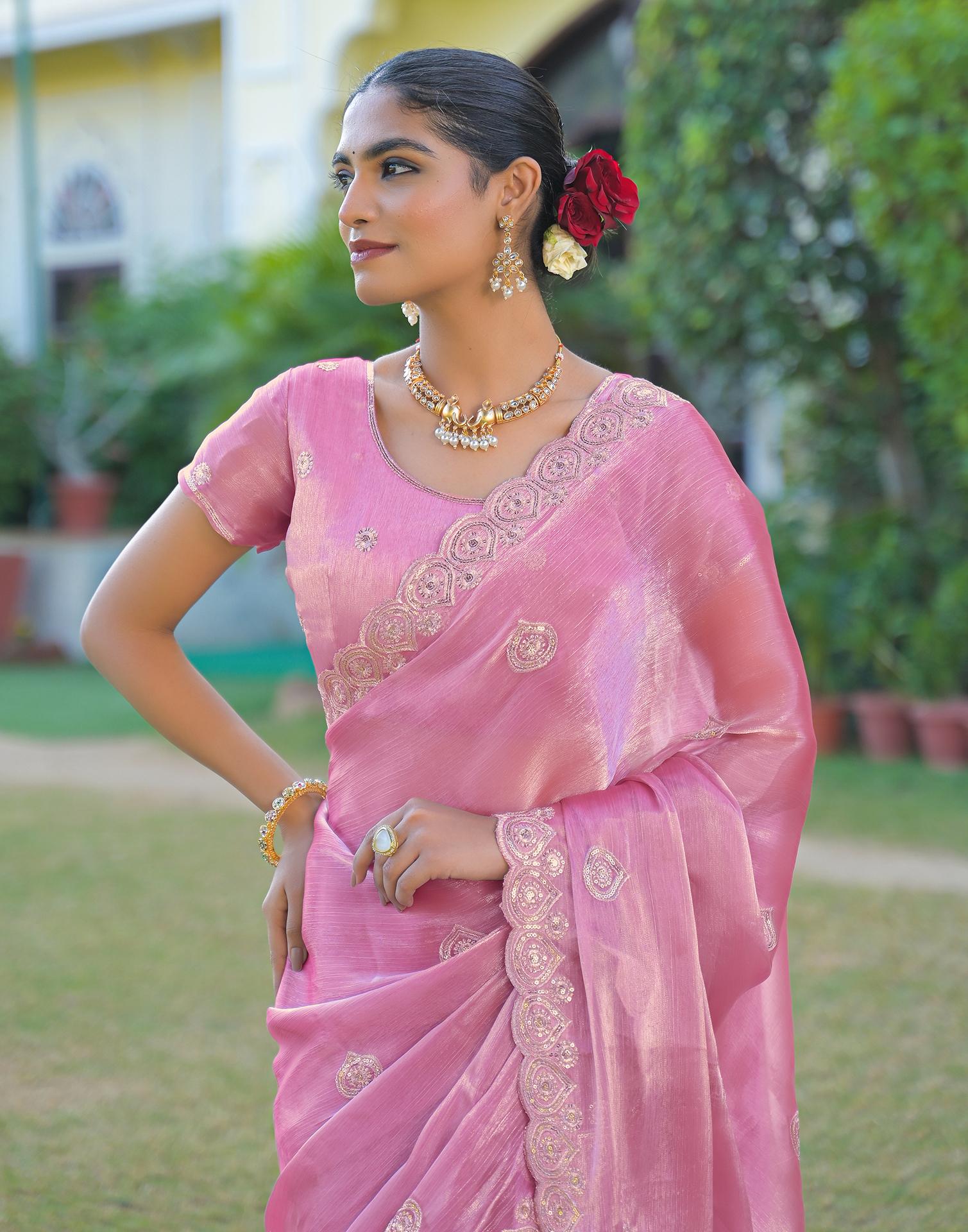 Light Pink Shimmer Chiffon Sequence Embroidery saree