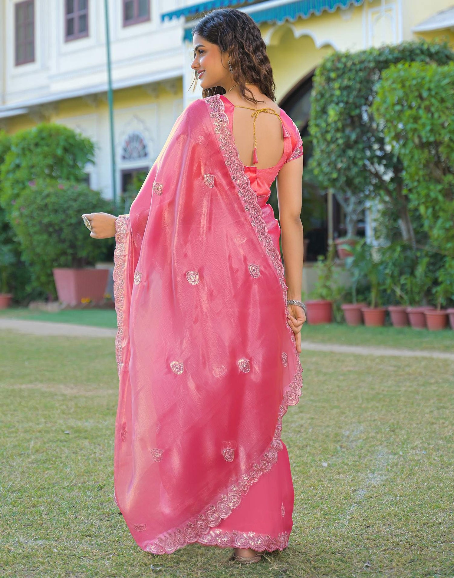 Pink Shimmer Chiffon Sequence Embroidery saree