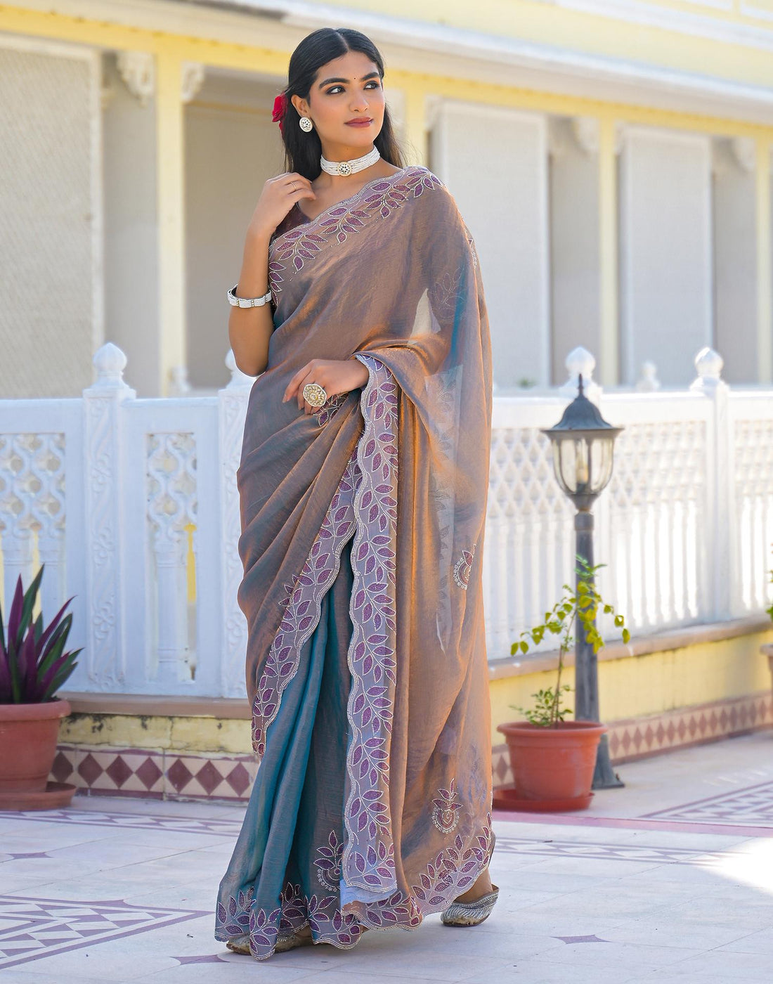 Lavender Shimmer Chiffon Stone Work Swarovski saree