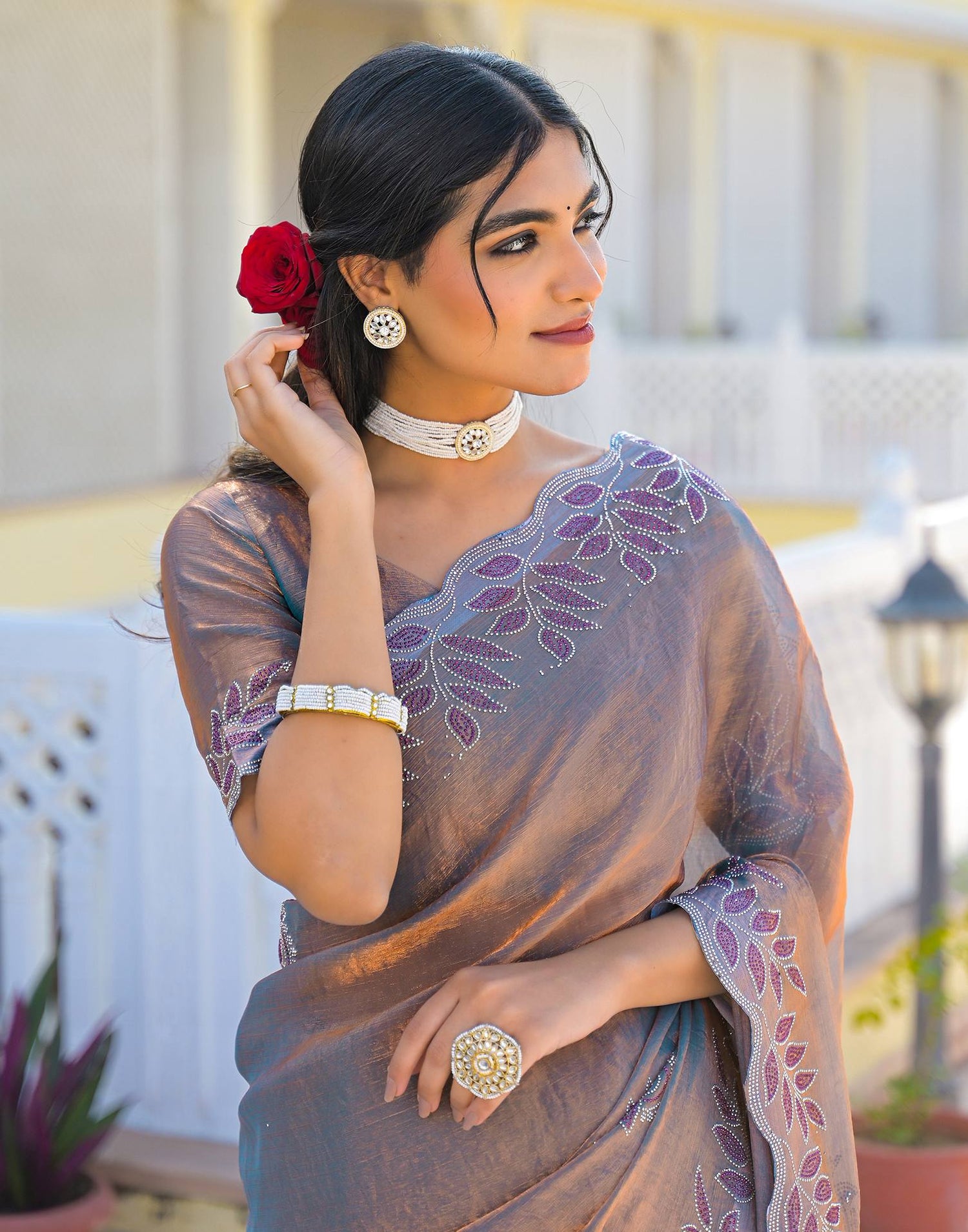 Lavender Shimmer Chiffon Stone Work Swarovski saree