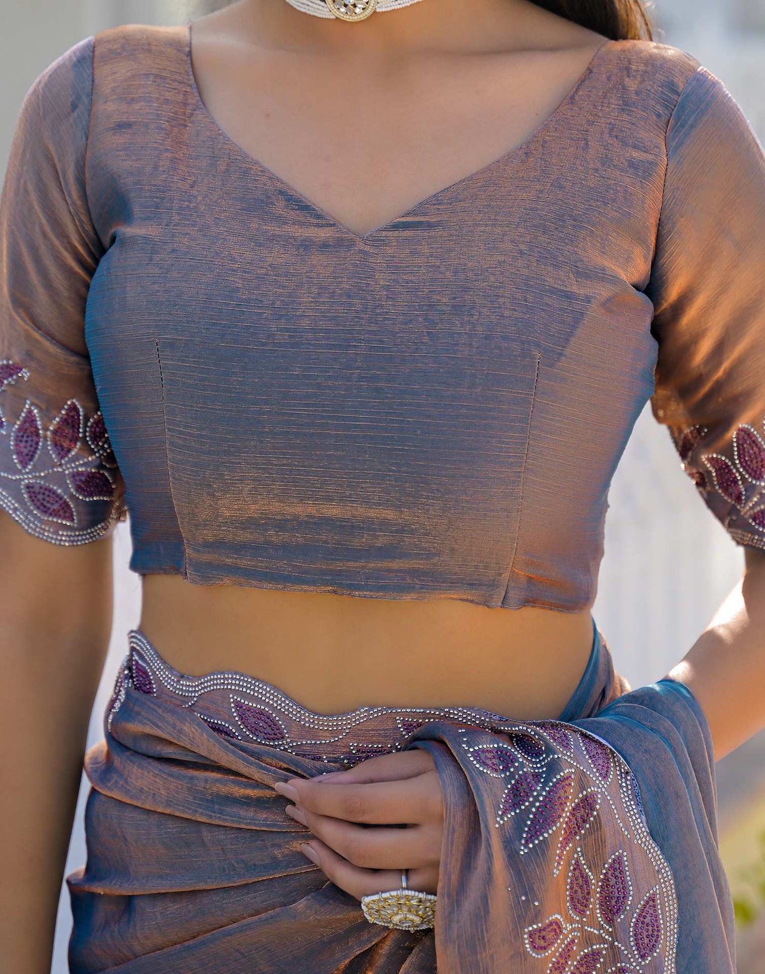 Lavender Shimmer Chiffon Stone Work Swarovski saree