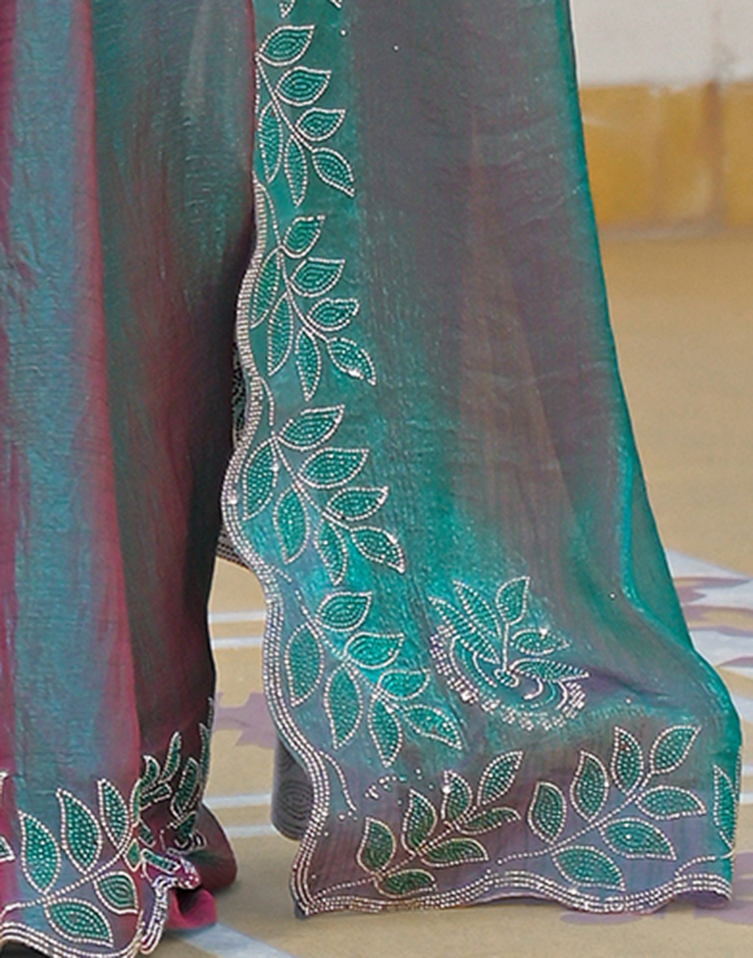 Teal Green Shimmer Chiffon Stone Work Swarovski saree