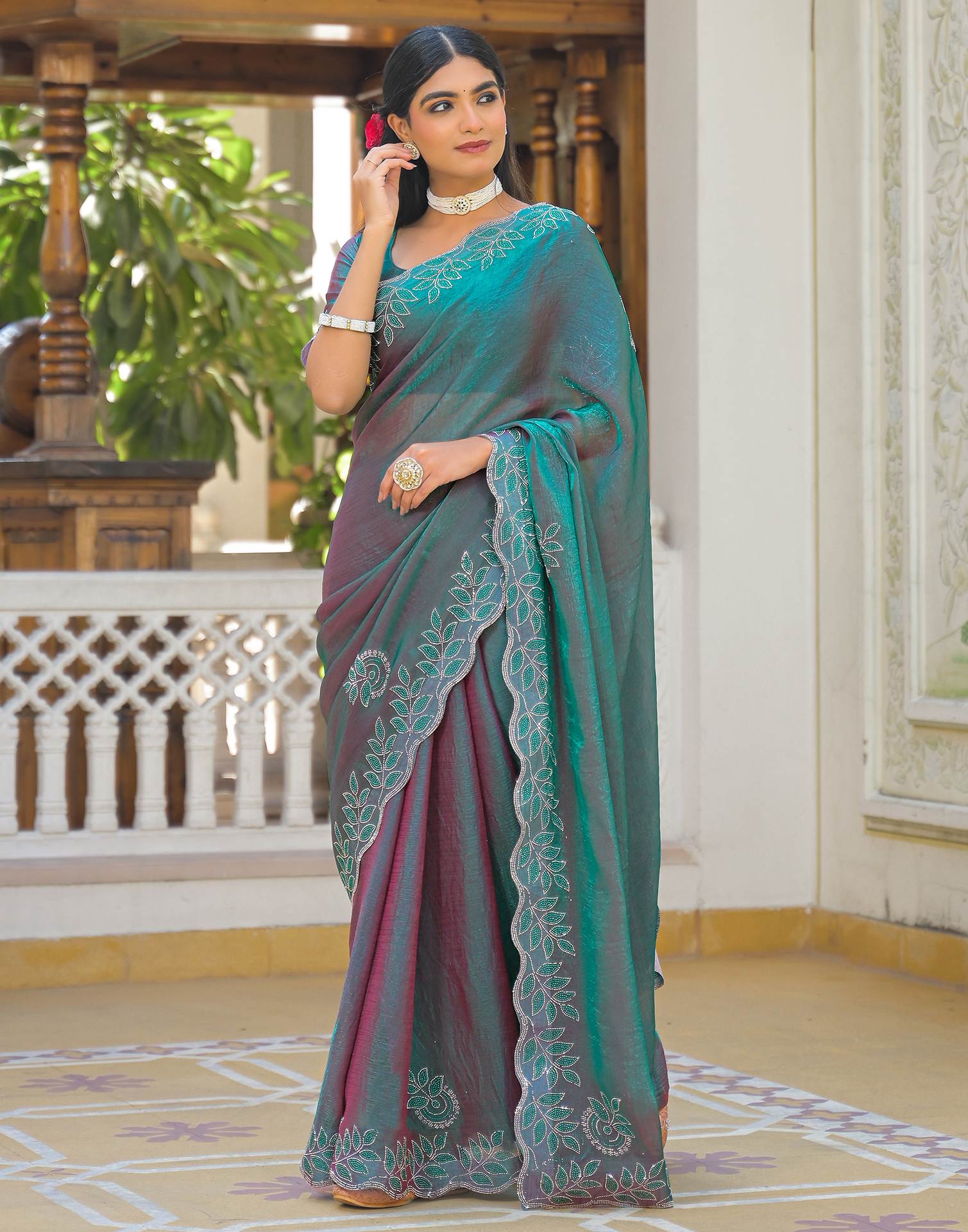 Teal Green Shimmer Chiffon Stone Work Swarovski saree