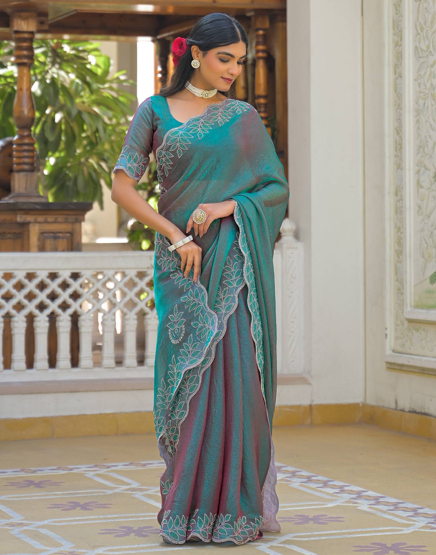 Teal Green Shimmer Chiffon Stone Work Swarovski saree