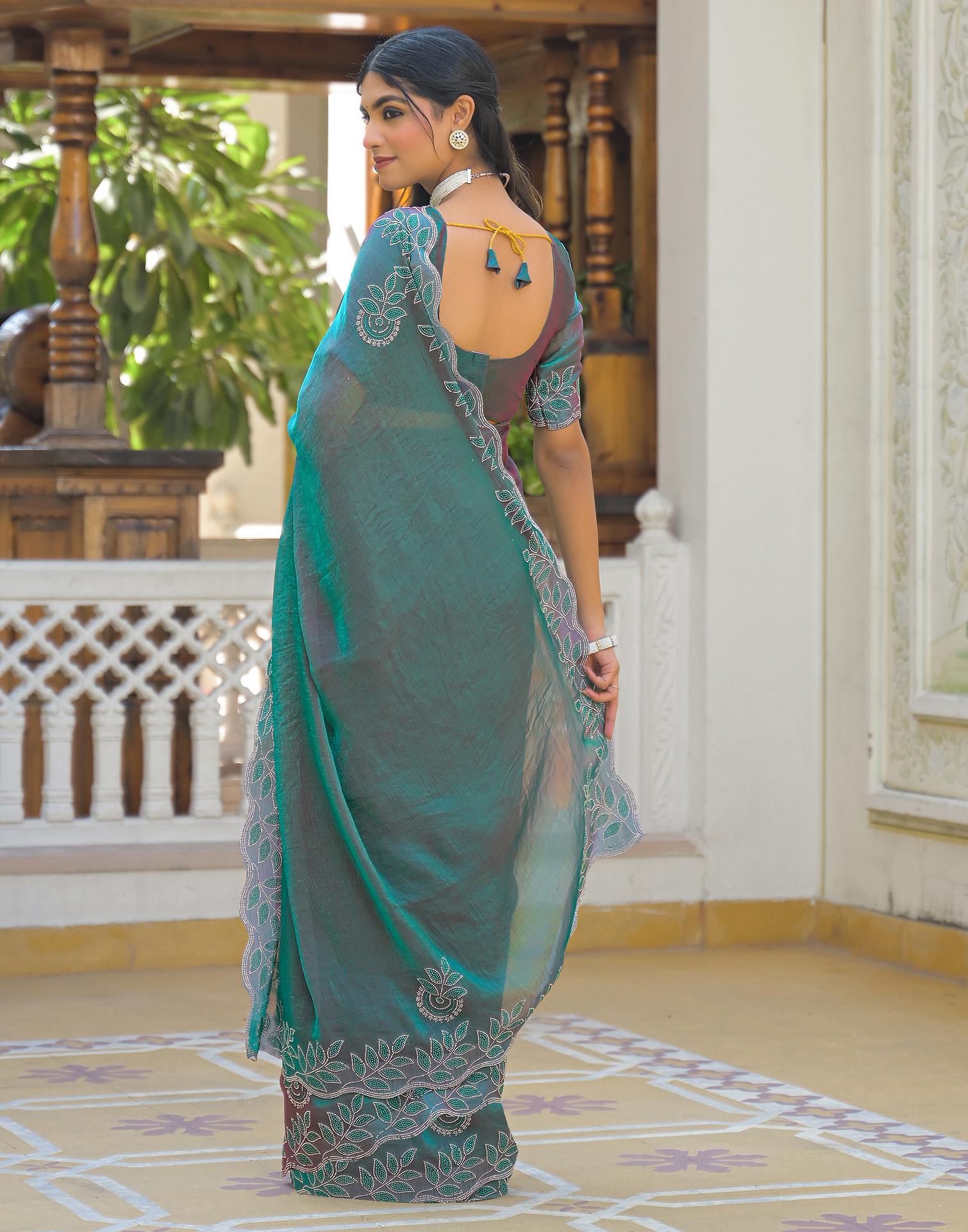 Teal Green Shimmer Chiffon Stone Work Swarovski saree