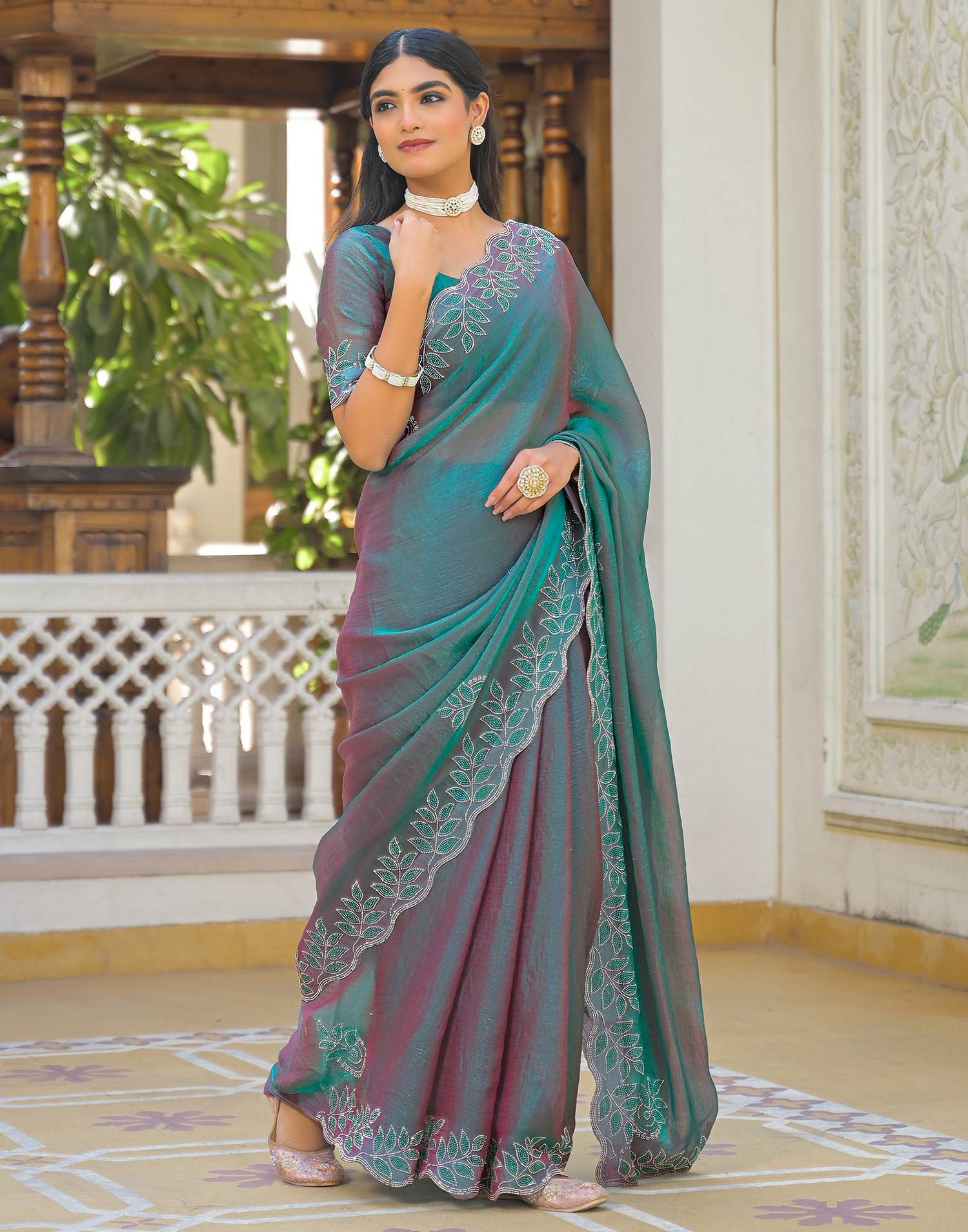 Teal Green Shimmer Chiffon Stone Work Swarovski saree