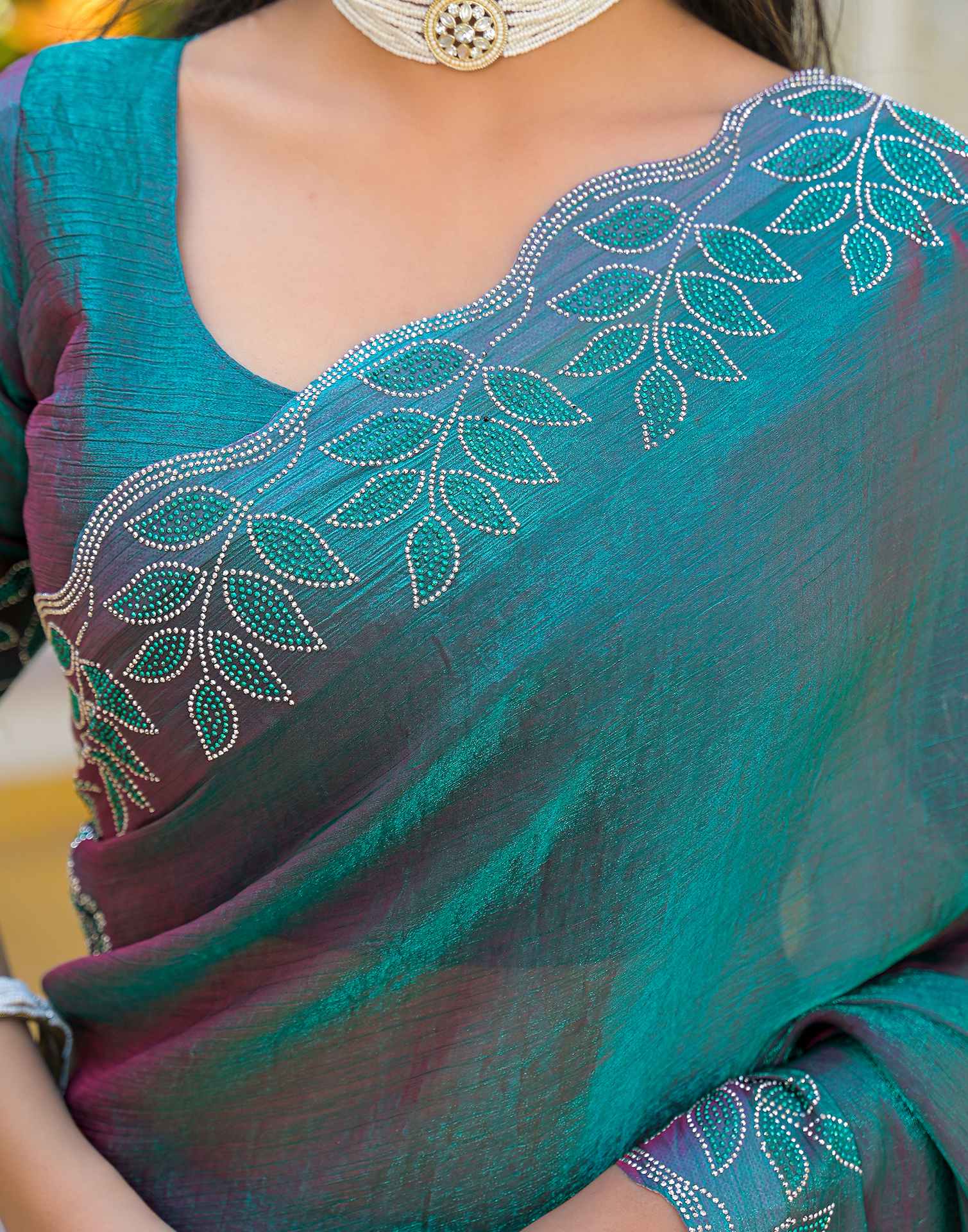 Teal Green Shimmer Chiffon Stone Work Swarovski saree