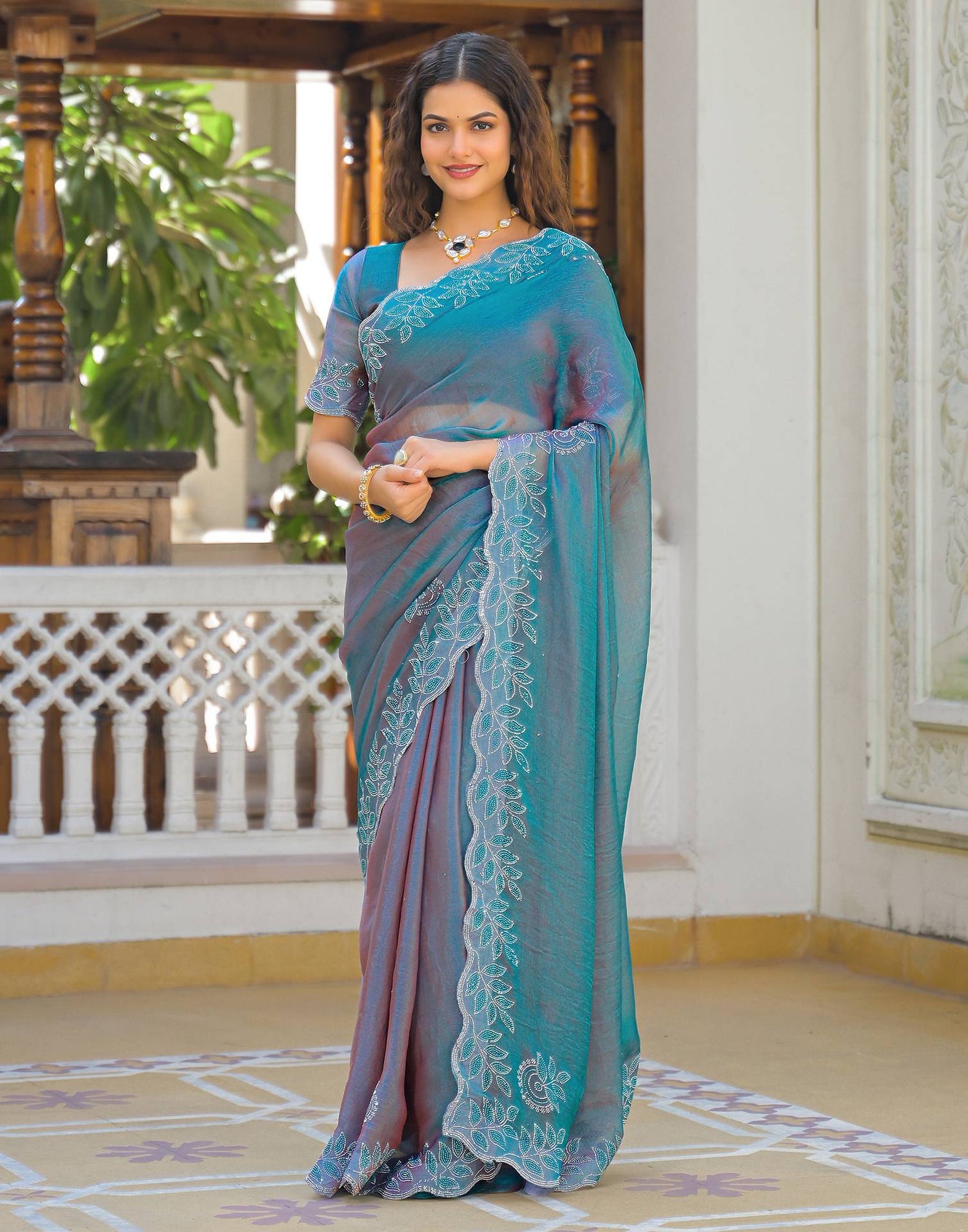 Teal Blue Shimmer Chiffon Stone Work Swarovski saree
