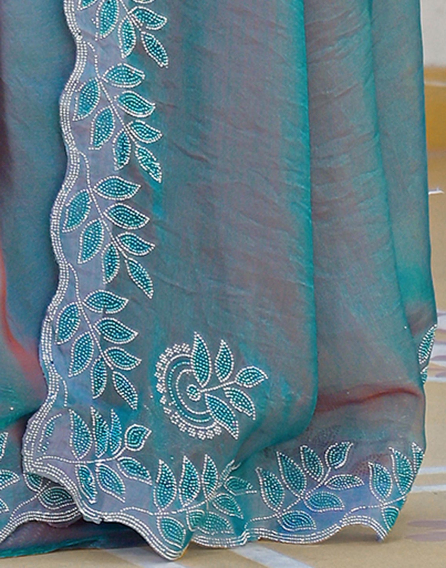 Teal Blue Shimmer Chiffon Stone Work Swarovski saree