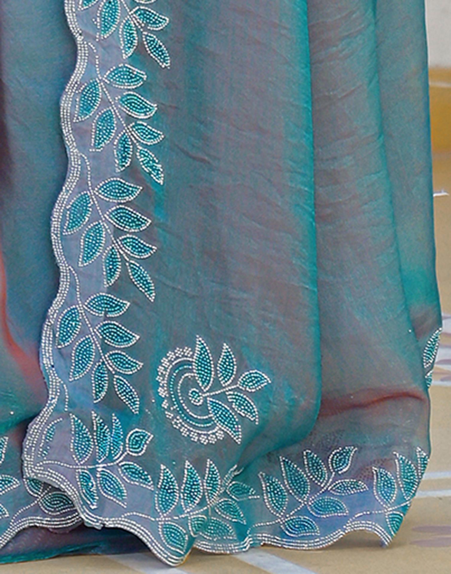 Teal Blue Shimmer Chiffon Stone Work Swarovski saree