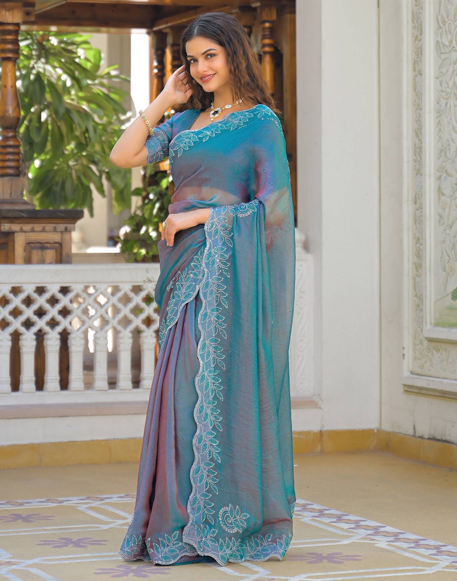 Teal Blue Shimmer Chiffon Stone Work Swarovski saree