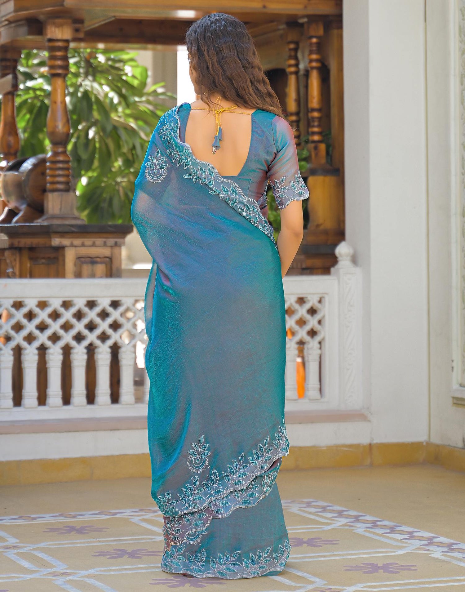 Teal Blue Shimmer Chiffon Stone Work Swarovski saree