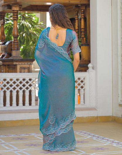 Teal Blue Shimmer Chiffon Stone Work Swarovski saree