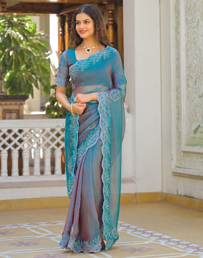 Teal Blue Shimmer Chiffon Stone Work Swarovski saree