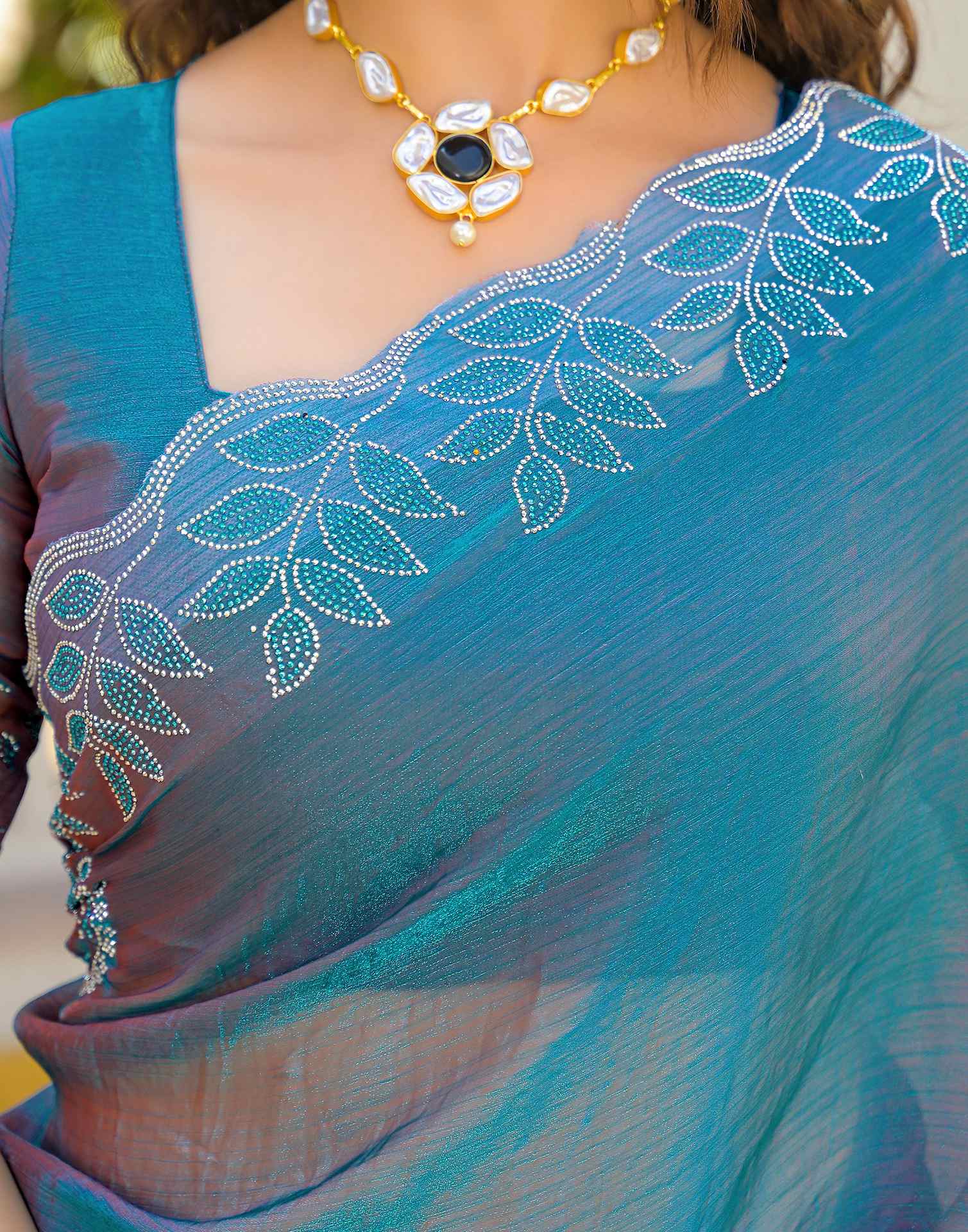 Teal Blue Shimmer Chiffon Stone Work Swarovski saree