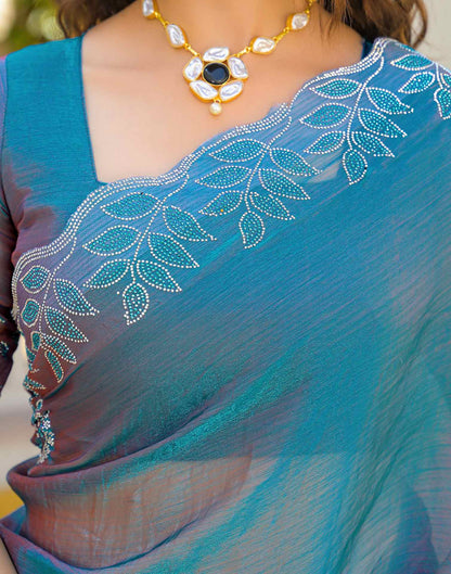 Teal Blue Shimmer Chiffon Stone Work Swarovski saree