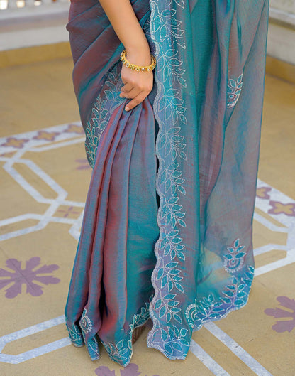 Teal Blue Shimmer Chiffon Stone Work Swarovski saree