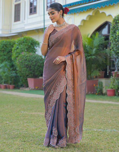 Brown Shimmer Chiffon Stone Work Swarovski saree