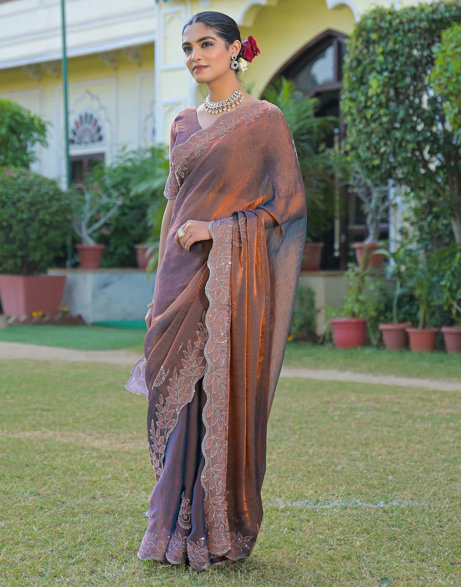 Brown Shimmer Chiffon Stone Work Swarovski saree