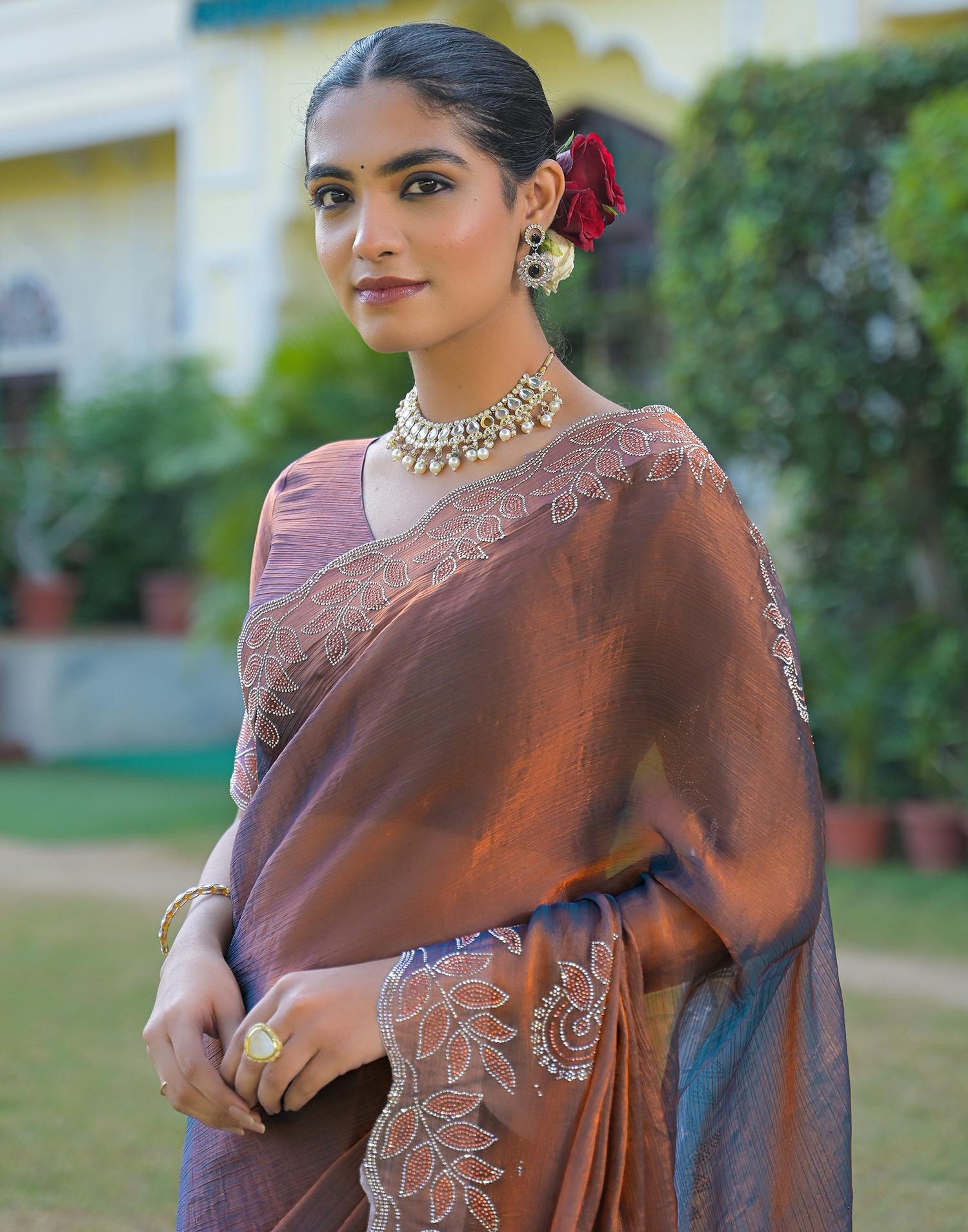 Brown Shimmer Chiffon Stone Work Swarovski saree