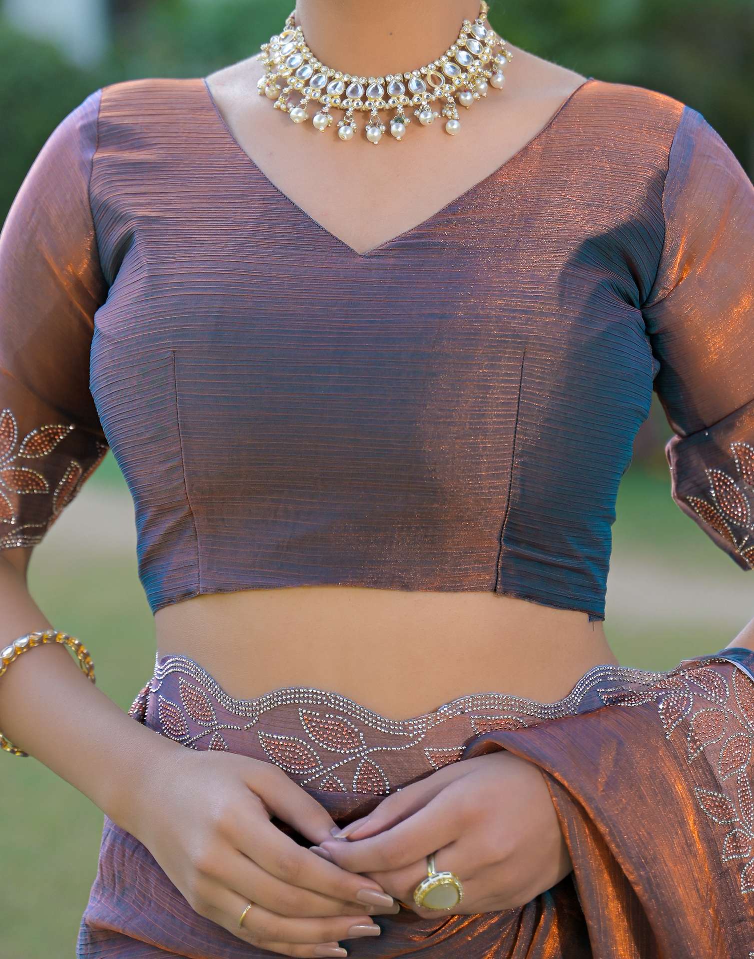 Brown Shimmer Chiffon Stone Work Swarovski saree