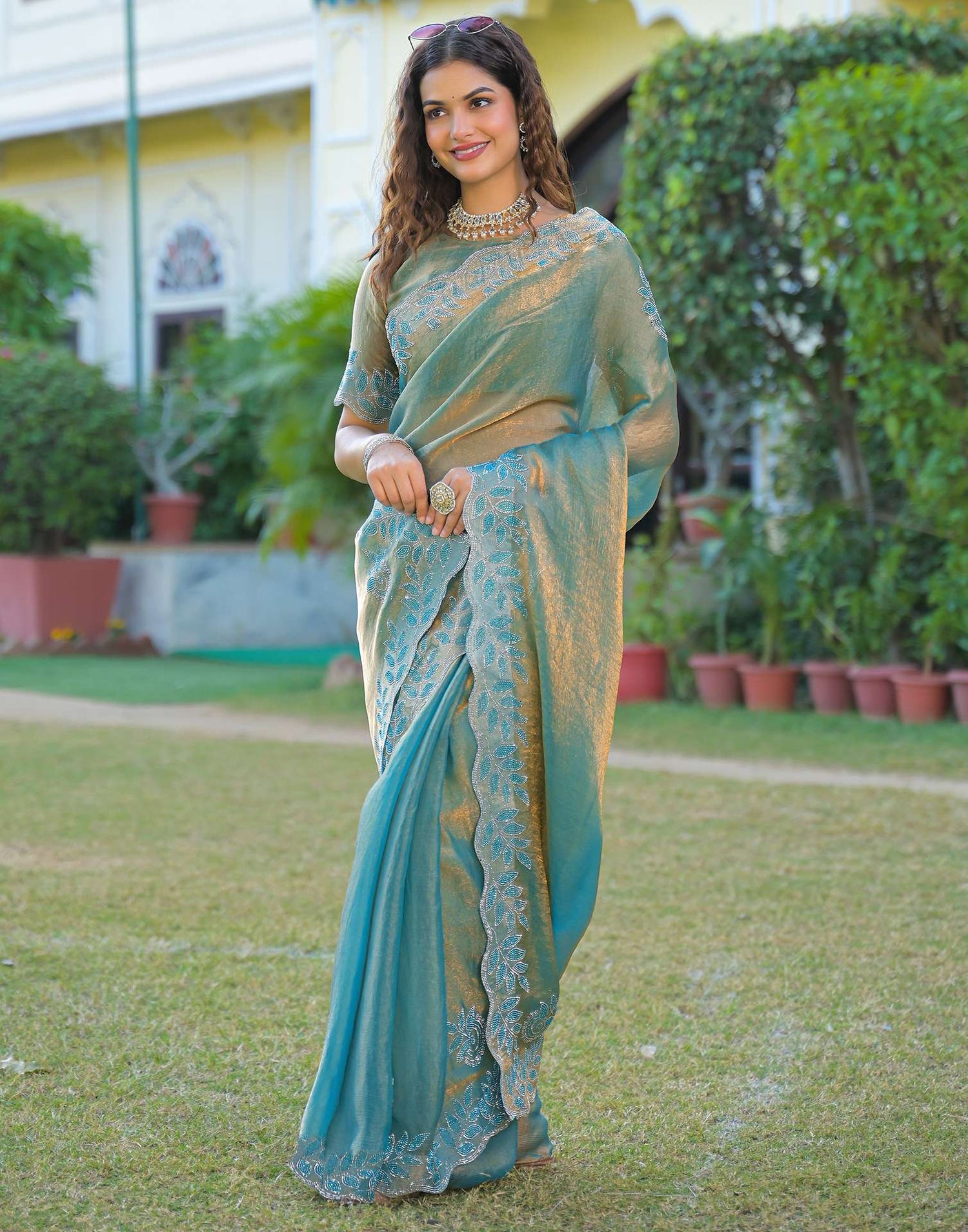 Mint Blue Shimmer Chiffon Stone Work Swarovski saree
