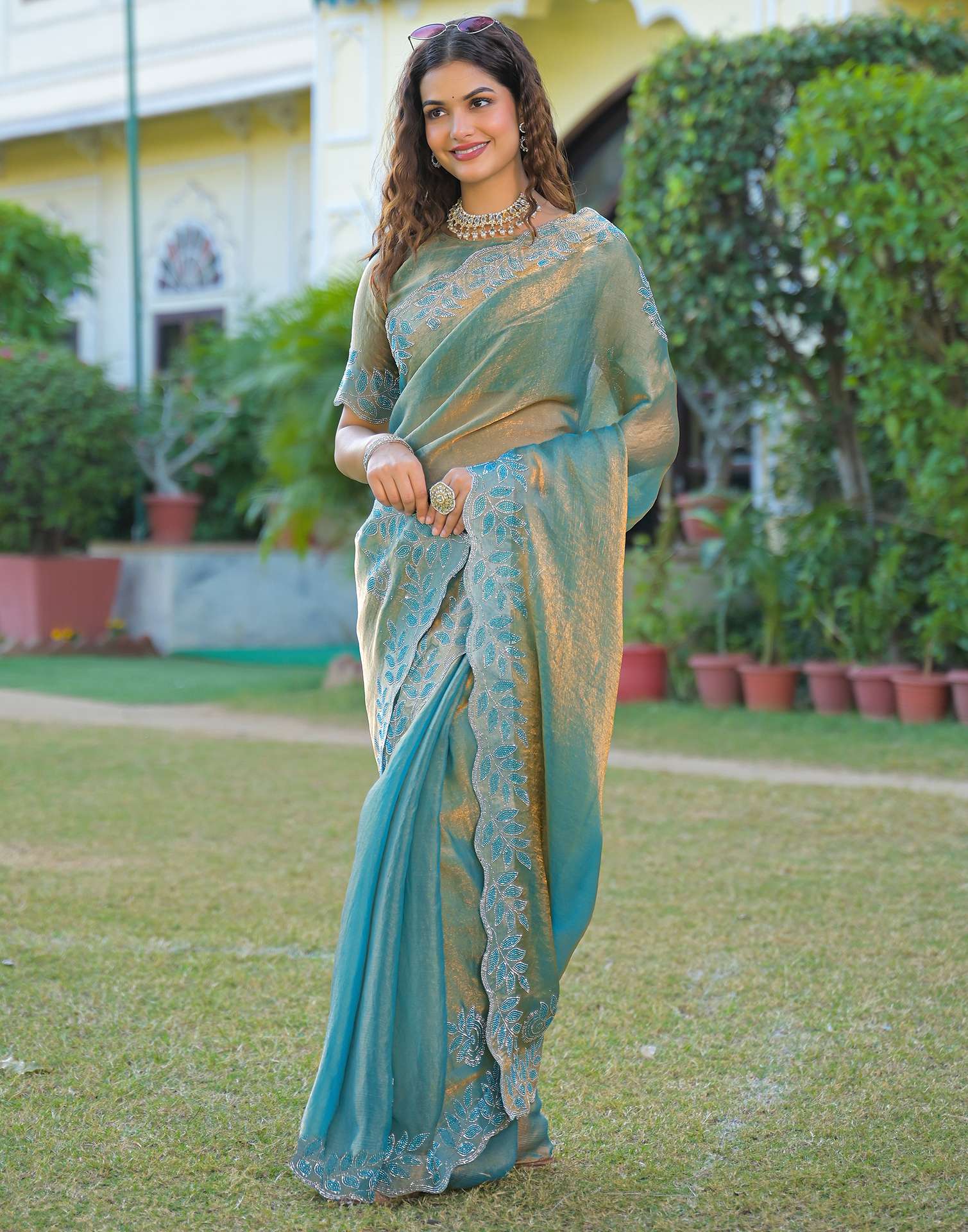 Mint Blue Shimmer Chiffon Stone Work Swarovski saree