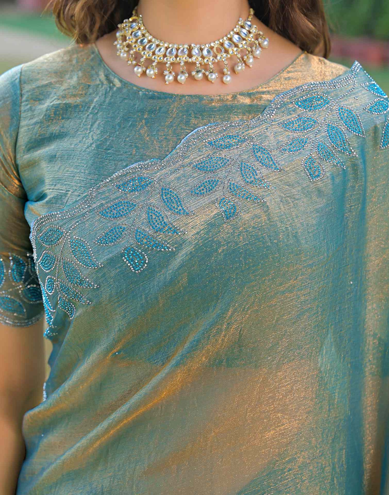 Mint Blue Shimmer Chiffon Stone Work Swarovski saree
