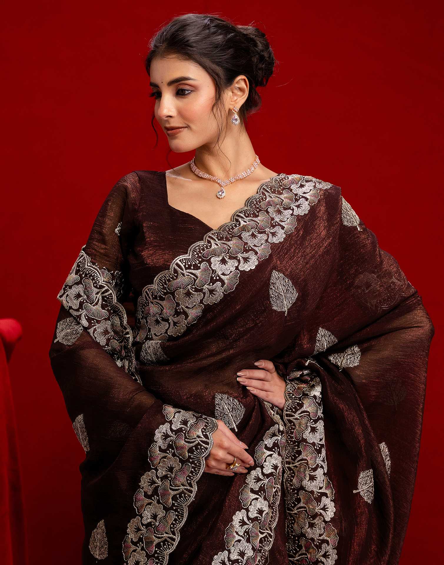 Maroon Shimmer Chiffon Sequence Embroidery saree