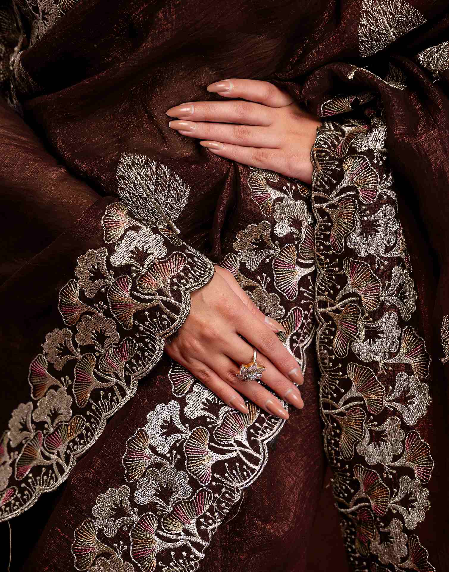 Maroon Shimmer Chiffon Sequence Embroidery saree