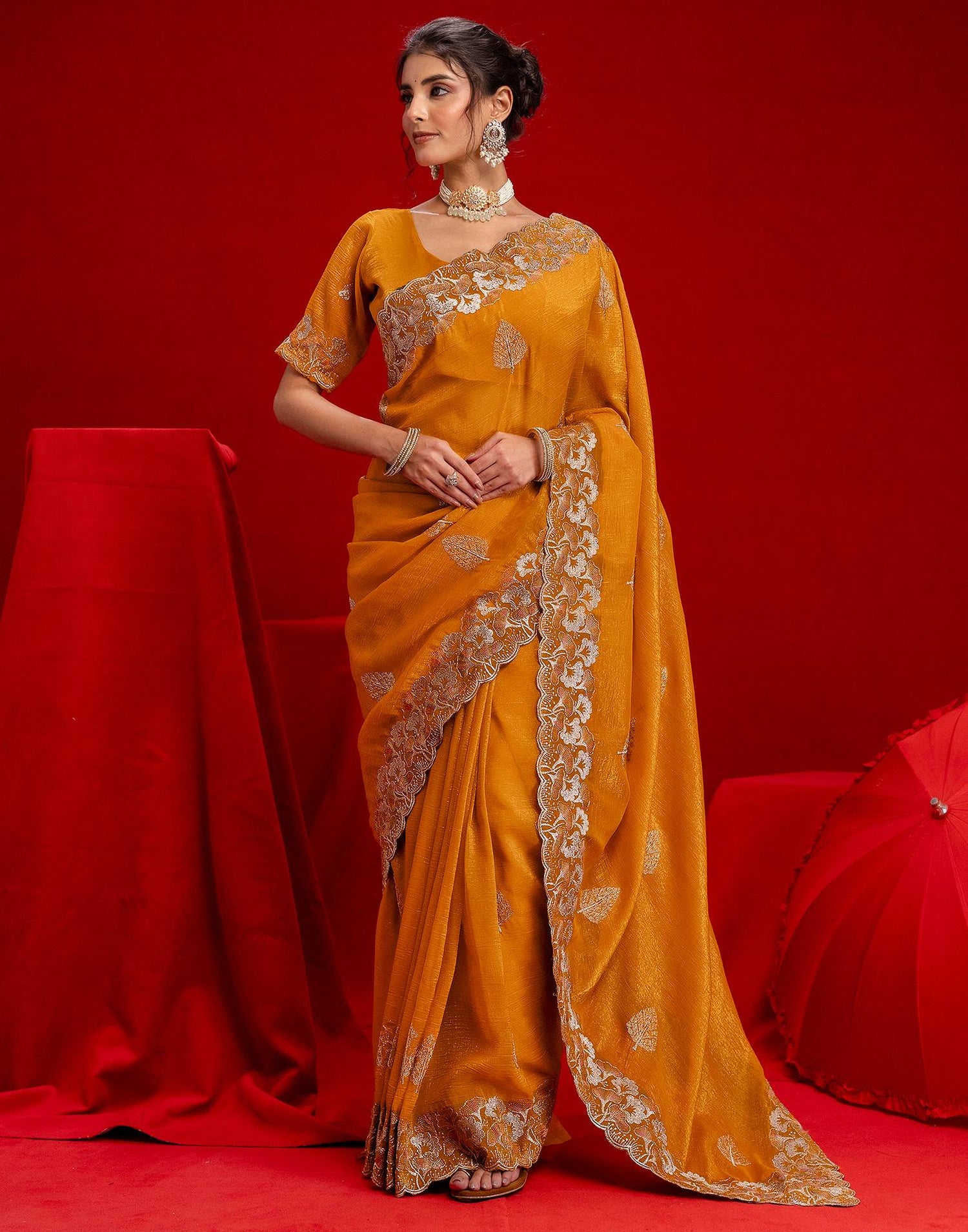 Orange Shimmer Chiffon Sequence Embroidery saree